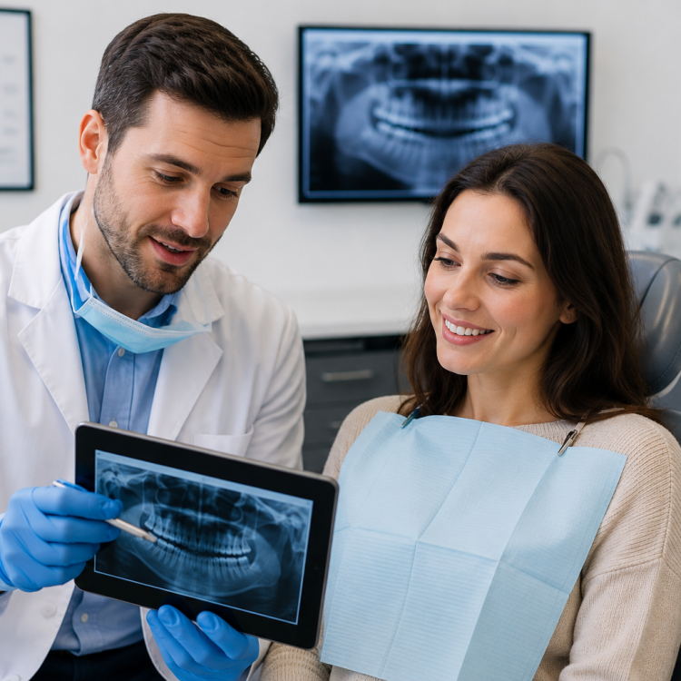 Dentist discussing home dental care with a patient at Mooresville Family Dentistry