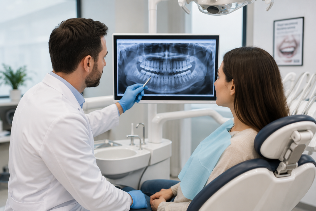 A dentist reviewing an X-ray with an adult patient.