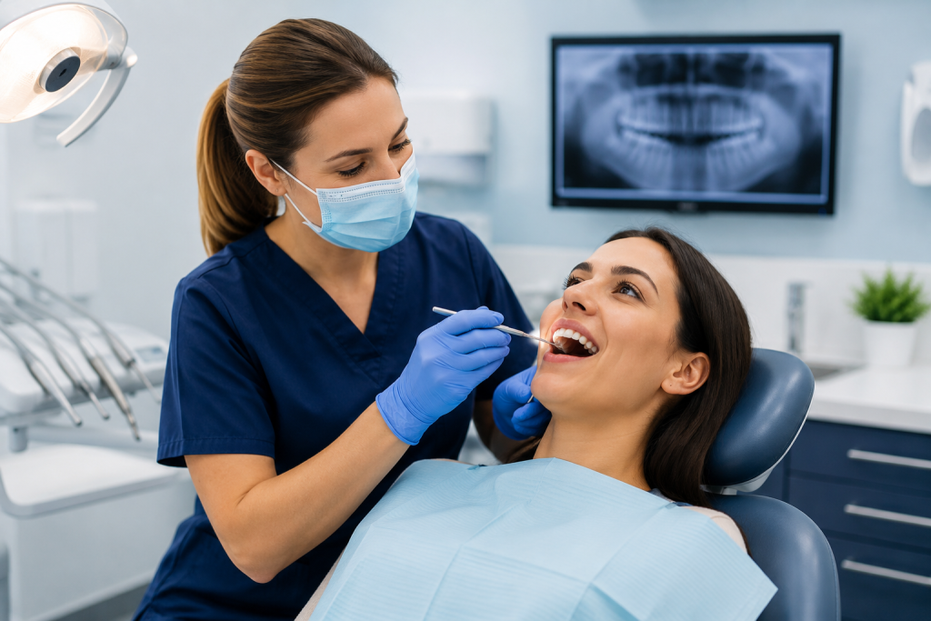 A hygienist providing comfortable care to an adult patient.
